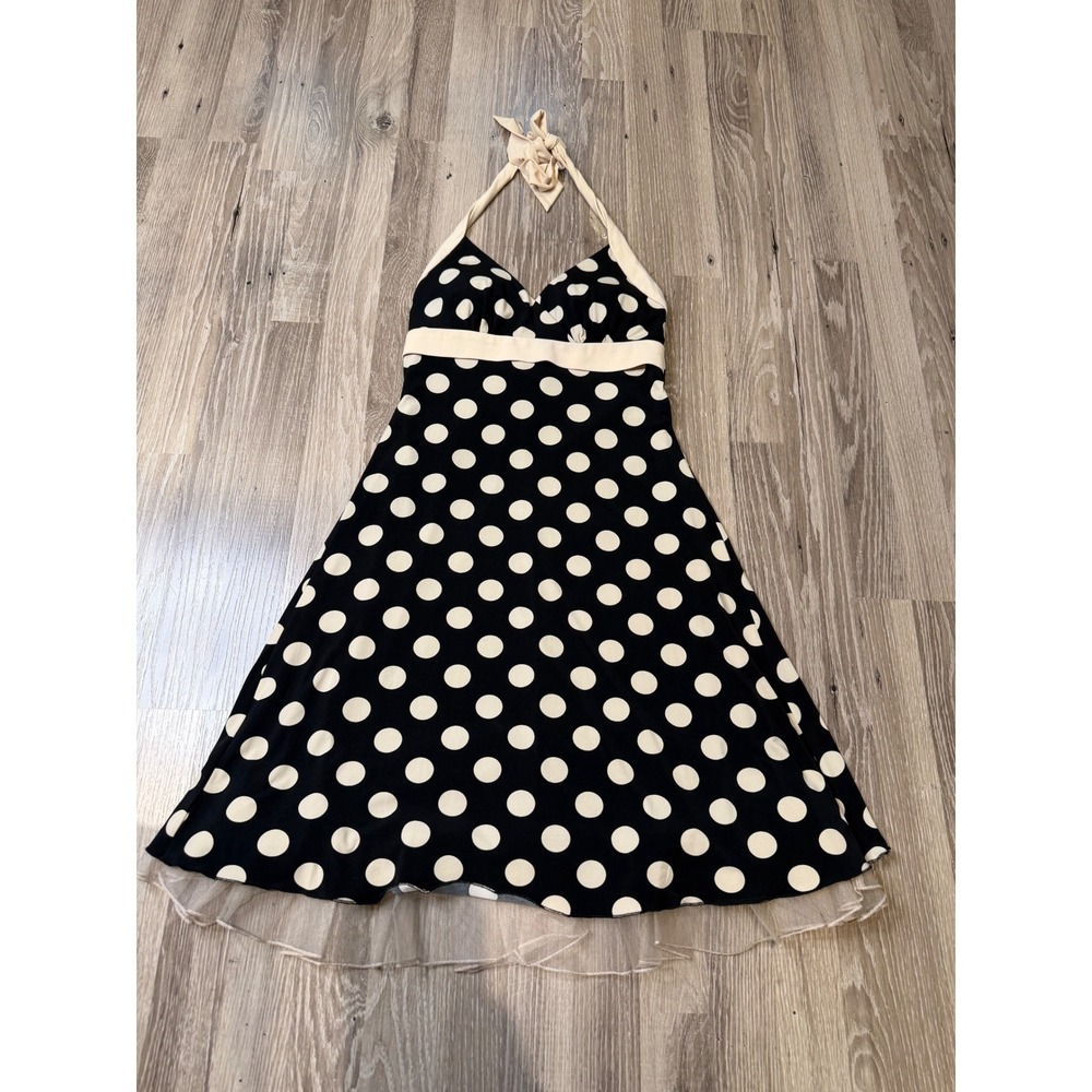 Ruby Rox Womens Polka Dot Halter Dress Black Cream Rockabilly Retro M Pinup